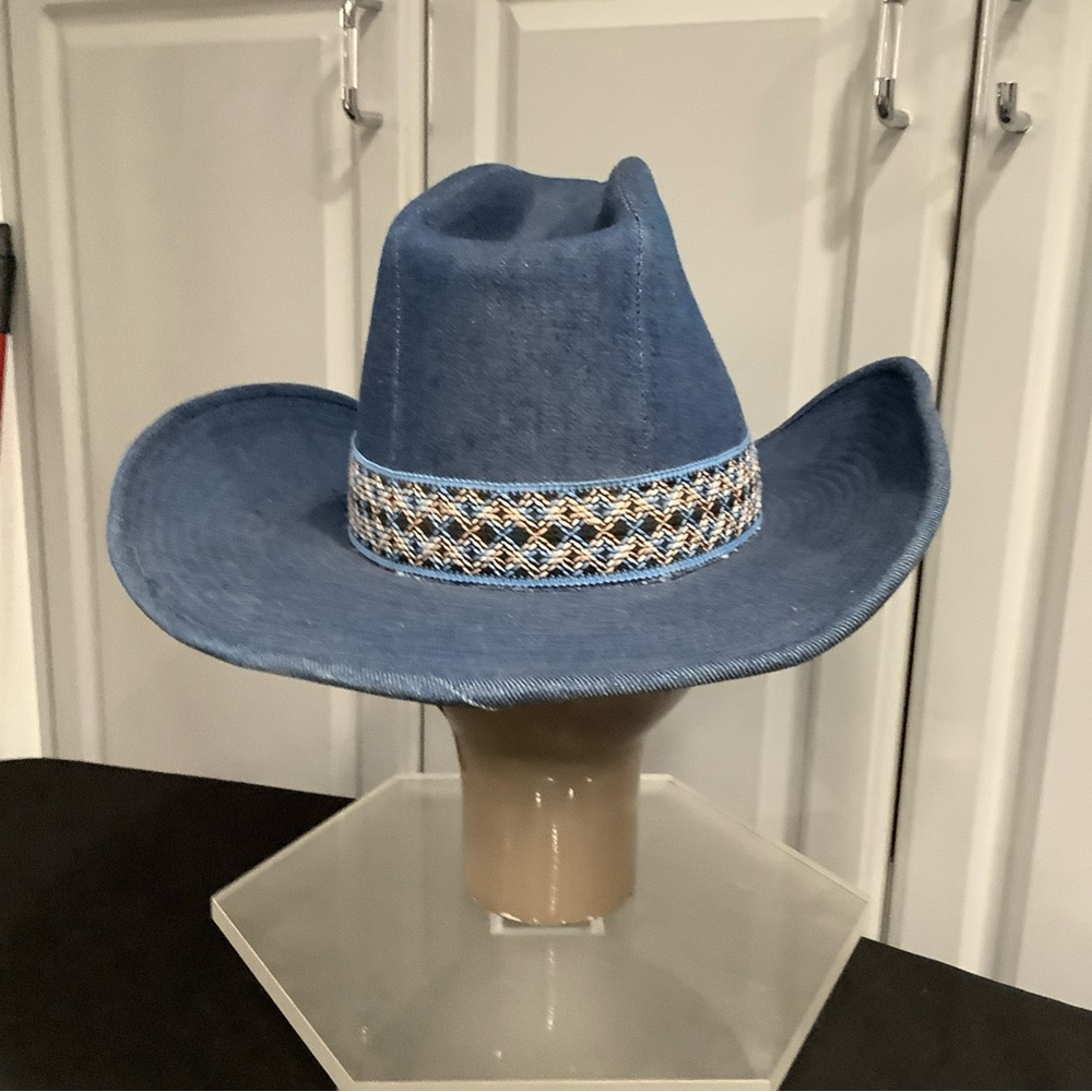 Vintage 70’s YA Youngan Blue Jean Denim Cowboy Western Hat Chevron Band - Picture 7 of 16